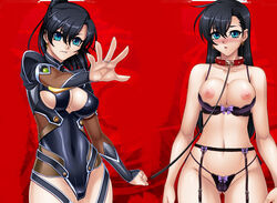 black_hair black_legwear black_panties blush bra breasts cleavage collar earrings female fuuma_tokiko garter_belt jewelry leash long_hair looking_at_viewer nipples open_mouth panties taimanin_(series) taimanin_asagi taimanin_asagi_battle_arena underwear