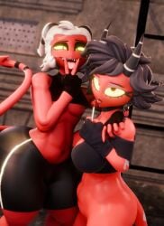 3d 3d_(artwork) alley blender chubby chubby_female chubby_male clothed couple doomfella eyeshadow female femboy gay hellaverse helluva_boss homosexual homosexual_male horns licking_fingers licking_lollipop lollipop looking_at_viewer male male/female male/male male_penetrated millie_(helluva_boss) moxxie_(helluva_boss) red_body suggestive suggestive_look tongue_out yellow_eyes