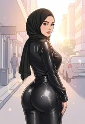 ai_generated female hijab hijabi leather leggings tanned tanned_female tanned_skin tight_clothing