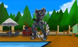 5:3 absurd_res anthro armpit_hair arms_above_head balls big_balls big_penis black_penis body_hair claws english_text felid fence floor fluffy fluffy_tail forest genitals hi_res hybrid hybrid_genitalia hybrid_penis hyena knot knotted_penis looking_at_viewer looking_down looking_down_at_viewer male mammal muscular muscular_anthro muscular_male musk musky_armpit musky_balls neck_tuft nipples nude open_mouth pantherine penile_spines penis perseus_(teymosoo) piercing plant pool_deck poolside prehistoric_species saber-toothed_tiger sharp_teeth smile solo tail teeth text teymosoo tiger tongue tongue_piercing towel tree tuft vampire werecreature werehyena wood wood_floor