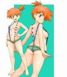1girl american_flag american_flag_bikini american_flag_print american_flag_swimsuit ass asymmetrical_hair back bare_legs barefoot bikini blush breasts clothing denim denim_shorts feet female flag_print flag_print_bikini flag_print_swimsuit from_behind green_eyes green_shorts hand_on_hip hand_on_own_hip kasumi_(pokemon) kneepits legs looking_at_viewer looking_back medium_breasts micro_shorts misty_(pokemon) navel no_shirt one-piece_swimsuit open-mouth_smile open_mouth orange_hair pokemon ponytail print_bikini print_swimsuit revealing_clothes shiny_skin short_hair short_ponytail short_shorts shorts side_ponytail sideboob smile standing suspenders swimsuit teeth tied_hair tof upper_teeth upper_teeth_only