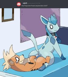 2019 absurd_res animal_genitalia animal_penis anus ask_blog bed bedding black_nose blue_body blue_eyes blush canid canine collar duo eeveelution female freya_howell frozen fur furry glaceon growlithe highres hindpaw male mammal nintendo on_top orange_body orange_fur original_character pawpads paws penetration penis photo_frame pink_pawpads pokémon_(species) pokemon pokemon_(species) pokemon_mystery_dungeon reallydarkandwindie reverse_cowgirl_position sex simple_background straight vaginal_penetration video_games wanderlust