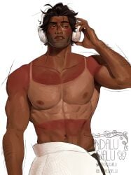andalusialu bare_chest bare_shoulders brown_skin brown_skinned_male chest chest_hair dark_skin dark_skinned_male headphones irish latino marvel miguel_o'hara muscular muscular_male nipples red_skin spider-man:_across_the_spider-verse spider-man_(series) spider-man_2099 sunburn tan tan_body tan_skin tanline