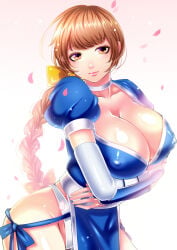 1girls big_breasts blue_dress breasts breasts_out brown_eyes brown_hair covered_nipples dead_or_alive dress exposed_breasts female japanese_clothes kasumi_(doa) large_breasts long_hair matsurika_youko obi panties pantyshot pantyshot_(standing) underwear white_panties white_underwear