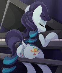 2019 anus ass blue_hair bottomless clitoris closed_eyes clothed clothed_feral clothing coloratura_(mlp) cutie_mark dock earth_pony equid equine female feral friendship_is_magic hair hi_res horse mammal multicolored_hair musical_instrument my_little_pony pearlyiridescence piano pony pussy sitting smile solo two_tone_hair