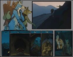 4_toes 5_fingers animal_genitalia animal_penis anthro anthro_on_anthro anthro_penetrated anthro_penetrating anthro_penetrating_anthro balls black_nose blue_body blue_fur bodily_fluids breasts butt canid canine canine_genitalia canine_penis canis comic duo emericana feet female female_penetrated fingers fur genitals hindpaw humanoid_hands knot knotted_penis knotting legs_up lying male male/female male_penetrating male_penetrating_female mammal morning nature navel night nipples nude nude_anthro nude_female nude_male on_back on_side oral paws penetration penile penile_penetration penis penis_in_vagina pubes sex sheath sitting standing sunrise tan_body tan_fur tent toes vaginal vaginal_knotting vaginal_penetration vulva wolf