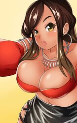 booty_calls brown_hair cleavage clothed clothing earrings jewelry latina mariell_(booty_calls) nutaku yellow_eyes