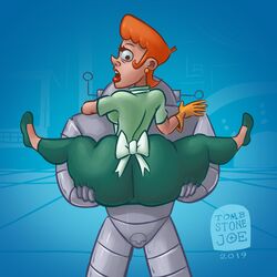 2019 apron artist_name ass ass_grab back_view backboob breasts carrying cartoon_network clothed dat_ass dated dexter's_laboratory dexter's_mom duo earrings eyelashes female footwear full_body gloves huge_ass human large_breasts latex_gloves lifting lipstick looking_back milf open_mouth orange_hair red_lipstick robot shoes short_hair sideboob solo_focus spread_legs surprised thick_thighs tombstonejoe unseen_male_face watermark wide_eyed wide_hips