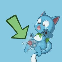 4_fingers 4_toes anthro backpack balls big_balls big_penis blue_background blue_body blue_fur blue_penis bodily_fluids brown_pawpads butt dipstick_tail directional_arrow domestic_cat dulone exceed fairy_tail feet felid feline felis fingers fur genital_fluids genitals glans happy_(fairy_tail) hi_res leaking_precum long_tail male mammal markings navel open_mouth pawpads penis pink_glans pink_inner_ear precum precum_string shocked simple_background solo tail tail_markings thick_penis thick_thighs toes whiskers white_body white_fur