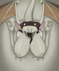 5:6 absurd_res anthro big_breasts black_hair breasts clothing deadlock_(game) facial_piercing feet female gargoyle hair headgear headgear_only headwear headwear_only hi_res horn huge_breasts ivy_(deadlock) jw_7e6 kneeling looking_at_viewer membrane_(anatomy) mostly_nude nipples nose_piercing nose_ring open_mouth piercing ring_piercing short_hair simple_background solo tail teeth valve wings