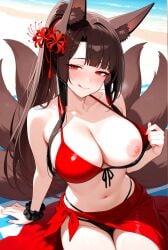 1girl ai_generated akagi_(azur_lane) azur_lane beach big_breasts bikini bikini_top_pull black_bikini_bottom black_bikini_top blush breasts brown_hair female_only flower_in_hair fox_ears fox_girl fox_tails hair_accessory hair_ornament hair_ribbon hair_tie heart licking_lips long_hair multicolored_bikini one_breast_out one_nipple_out ponytail red_bikini_top red_eyes red_ribbon red_sarong red_spider_lilies ribbon sarong seductive_eyes seductive_look seductive_smile ship_girl sitting_on_towel smile solo_female teasing tongue tongue_out