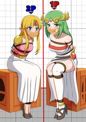 2girls angry arms_behind_back blue_eyes bondage breast_harness breast_size_difference female femsub fully_clothed gag gagged goddess green_eyes green_hair harusame high_heel_sandals high_heels kid_icarus long_hair mismatched_legwear multiple_girls multiple_subs nintendo palutena princess_zelda rope rope_bondage sandals super_smash_bros. tape tape_gag taped_mouth the_legend_of_zelda thighhighs thighs tied_up zelda_(a_link_between_worlds)