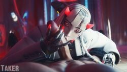 1boy 1girls blizzard_entertainment duo female kissing_penis light-skinned_male light_skin male oral overwatch overwatch_2 pov red_eyes robot_girl shion_(overwatch) takerskiy unseen_male_face white_body white_hair