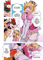 2018 2boys anal androgynous anthro anthrofied balls_in_panties bowser canon_crossdressing clothed clothing comic crossdressing crossover crown duo femboy garter garter_straps gay girly humanoid hylian interspecies koopa larger_male link link_(breath_of_the_wild) male male_only mario_(series) nintendo penis penis_under_dress piyotm princess_peach_(cosplay) scalie sex shell size_difference super_smash_bros. text the_legend_of_zelda thick_thighs trap video_games wide_hips yaoi