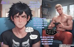 1boy 1male 2boys ai_generated betting blonde brunette caption comic comic_page crossdressing dialogue femboy feminization gay male male_on_femboy male_only short_hair shorts story straight_to_gay tagme twink yaoi zenit2