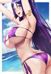 1girls 2021 arm_strap armpits armwear ass big_breasts bikini bikini_bottom bikini_top bottomwear breasts cleavage eyepatch_bikini fate/grand_order fate_(series) female female_only hair hands_behind_head high_resolution highres hips huge_breasts long_hair looking_back mature mature_female mature_woman milf minamoto_no_raikou_(fate/grand_order) minamoto_no_raikou_(swimsuit_lancer) purple_bikini purple_eyes purple_hair rororo smile solo solo_female swimwear topwear