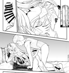 1boy bangs bare_shoulders bed blush breasts censored cleavage commentary doggy_style doujinshi dress earrings elbow_gloves female gem gloves hair_ornament headpiece jewelry large_breasts long_hair monochrome mythra nintendo nude penis rex_(xenoblade) room salvager_vest sex straight swept_bangs tiara very_long_hair xenoblade_(series) xenoblade_chronicles_2 yuuki_shin