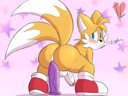 anal anal_masturbation anal_sex anthro ass backsack balls big_butt blush circumcised crouching dildo dildo_sitting embarrassed erection frenulum glans looking_at_viewer looking_back male male_only masturbation penetration penis purple_dildo raised_tail sega sex_toy solo sonic_(series) sonic_team squatting star_background taillove_(artist) tails teapot toying_self veiny_penis vulpine