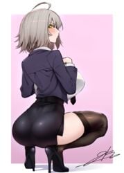 1girls ass big_ass big_breasts blush breasts cleavage dat_ass fate/grand_order fate_(series) female female_only full_body high_heels huge_breasts j.k. jeanne_alter looking_at_viewer looking_back office_clothing pencil_skirt skirt solo squatting suit thighhighs tie