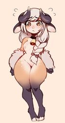 accessory animal_ears anthro bell blush braided_hair breasts brown_eyes caprine collar cow_ears cow_girl female flustered freckles genitals hair_accessory hooves horn humanoid kanel looking_at_viewer mammal mammal_humanoid nipples nude pussy small_breasts solo thick_thighs unusual_pupils wide_hips