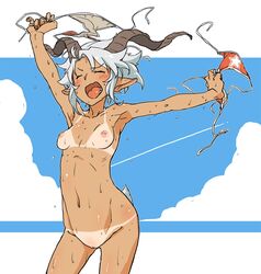 animal_tail armpits arms_up beach bikini bikini_removed bikini_tan breasts chiwa_(chi_wa13) closed_eyes dark-skinned_female dark_skin female goat_horns goat_tail highres nipples nude open_mouth original pointy_ears pussy solo stretch swimsuit tan tanline wet yawning