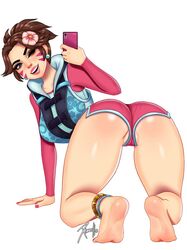 1girls 2019 alternate_costume ass bad_anatomy bikini_shorts brown_eyes brown_hair d.va feet female female_only legs life_jacket lipstick overwatch pink_toenails rash_guard selfie short_shorts simple_background solo waveracer_d.va xinaelle