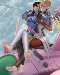 2girls barefoot blonde_hair brown_hair cum cum_on_body cum_on_breasts cum_on_face cum_on_feet cum_on_soles cum_on_upper_body d.va duo feet female female_only hand_on_breast mercy multiple_girls overwatch soles solo_(artist) toes