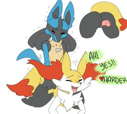 1boy 1girls all_fours animal_ear_fluff animal_ears ass braixen clitoris closed_mouth disembodied_penis english_text erection female fox_ears fox_tail from_behind furry game_freak heart highres interspecies jpeg_artifacts kneeling knotted_penis lucario male mezmaroon multiple_views nintendo no_humans nude open_mouth penis pokemon pokemon_(species) pokemon_dppt pokemon_xy pussy sex simple_background smile spoken_heart straight tail talking teeth tongue tongue_out trembling vaginal_penetration white_background wolf_ears