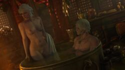 1boy 1girls 3d areolae bath breasts bush cd_projekt_red ciri geralt_of_rivia green_eyes looking_at_partner nipples pubes pubic_hair scar tattoo the_witcher the_witcher_(series) the_witcher_2 the_witcher_3:_wild_hunt white_hair white_pubic_hair zizzero