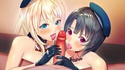 1boy 2girls animated atago_(kantai_collection) bare_shoulders big_breasts black_gloves black_hair blonde_hair blue_eyes blue_gloves breasts collaborative_fellatio cum cum_on_face cum_on_hair detached_collar faceless_male facial fellatio ffm_threesome gloved_handjob gloves handjob hat kantai_collection large_breasts large_penis licking_penis licking_tip light-skinned_female light-skinned_male light_skin looking_at_penis looking_at_viewer male_pov momochieri multiple_girls nipples nude oral orgasm outercourse pale-skinned_female pale_skin penis pov purple_eyes short_hair shorter_than_30_seconds smile sound tagme takao_(kantai_collection) teamwork threesome tongue tongue_out uncensored video