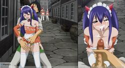 1boy 3girls black_hair blue_hair cum_on_face cum_on_tongue erza_scarlet exhibitionism fairy_tail from_behind levy_mcgarden male neeba penis pov public red_hair sex small_breasts vaginal_penetration warren_rocko wendy_marvell whentai