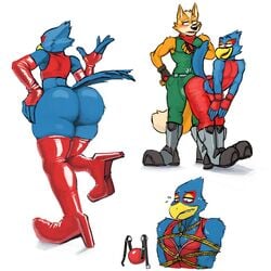 anthro ass avian ball_gag ball_gag_unused beak big_butt bird blush canid canine clothed clothing crossdressing duo erection falco_lombardi footwear fox fox_mccloud gag gay grinding hicanyoumooforme high_heels legwear male mammal nintendo red_ball_gag shoes simple_background smile star_fox teasing thick_thighs video_games white_background yaoi