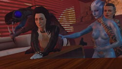 1animal 3d 3d_(artwork) 3girls alien areolae asari bioware black_hair blue_eyes blue_skin breasts brown_eyes brown_hair doggy_style high_heels jack_(mass_effect) liara_t'soni looking_at_partner looking_at_viewer mass_effect mass_effect_3 miranda_lawson multiple_girls nipples on_table tattoos throat_grab varren zizzero zoophilia