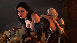 2girls 3d areolae ass black_hair blue_eyes bomyman breasts cd_projekt_red ciri female female_only green_eyes hand_on_ass licking looking_at_viewer nipples partially_clothed the_witcher the_witcher_(series) the_witcher_3:_wild_hunt white_hair yennefer yuri