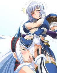 2girls armor azul_(armor) bangs belt beltbra blue_eyes blue_hair blue_legwear blush bracer breasts capcom choker close-up closed_eyes clothed_sex cunnilingus detached_sleeves elbow_gloves embarrassed erect_nipples face fantasy female from_below fur_trim garter_straps gloves goridou gradient gradient_background hairband hand_on_thigh happy_sex horn horns kirin_(armor) lace large_breasts licking long_hair midriff monster_hunter monster_hunter_frontier mound_of_venus multiple_girls navel no_bra open_clothes open_shirt oral panties panties_aside payot pleated_skirt profile pussy pussy_juice saliva shirt short_hair skirt skirt_lift smile standing straight_hair strap thighhighs tongue trembling turtleneck underwear wet white_hair white_panties wince yuri zettai_ryouiki