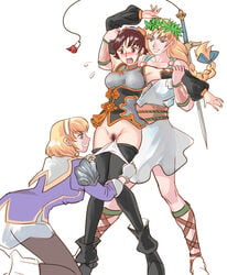 arm_grab arm_hold artist_request assisted_exposure blonde_hair blush braid brown_eyes brown_hair cassandra_alexandra chai_xianghua color detached_sleeves dress exposed_pussy female female_only forced_exposure forced_undressing green_eyes hair_ornament hairband human imminent_rape kneeling laurel_crown long_hair looking_at_pussy loose_clothes milf multiple_females multiple_girls naughty_face panties panty_pull pantyhose ponytail pubic_hair pussy restrained short_hair siblings single_braid sisters smile smirk sophitia_alexandra soul_calibur standing straight_hair sword teamwork thighhighs tight_clothing uncensored underwear very_long_hair very_short_hair weapon yuri