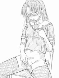 azumanga_daiou blush bottomless censored chair clothed_masturbation clothing female female_only glasses human jun_(666) jun_(pixiv187793) koyomi_mizuhara long_hair masturbation monochrome no_panties pussy school_uniform serafuku sitting solo stockings thighhighs traditional_media white_background