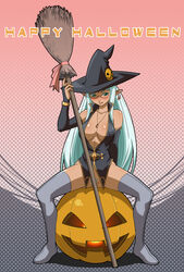 1girls blush breasts broom cleavage copyright_request dark_skin detached_sleeves female glasses gradient gradient_background green_eyes grey_background haganemaru_kennosuke halloween happy_halloween hat highres jack-o'-lantern long_hair no_panties nude partially_visible_vulva pink_background pointy_ears pubic_hair pumpkin pumpkin_hair_ornament sitting solo spread_legs thighhighs very_long_hair witch_hat