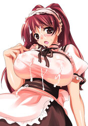 blush breasts brown_eyes bukkake clothing cum cum_on_clothes cum_on_hair erect_nipples erect_nipples_under_clothes facial huge_breasts kousaka_tamaki large_breasts long_hair maid open_mouth red_hair sanshoku_amido to_heart_(series) to_heart_2