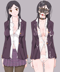 2girls ball_gag black_hair blindfold bondage brown_eyes brown_legwear cleavage collar cuffs cum cum_on_breasts cum_on_clothes cum_on_hair cum_on_lower_body cumdrip facial female female_only gag gagged handcuffs large_breasts lustful_berry medium_hair midriff miito_shido miniskirt multiple_girls navel no_bra no_pants open_clothes open_shirt original panties pantyhose plaid plaid_skirt pubic_hair school_uniform serafuku shirt siblings sisters skirt standing straight_hair tartan twins underwear unio5b white_panties yamanouchi_hisako