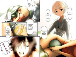 1futa 1girls brown_hair censored comic female futa_sans_balls futanari hard_translated intersex june_(semen_sprinkler_j) meiko_(semen_sprinkler_j) melon_fucking penis sammohung semen_sprinkler_j short_hair translated