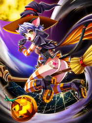 animal_ears arm_warmers ass blue_hair broom broom_riding candy cat_ears cat_tail censored earrings elbow_gloves fur gloves hat jewelry licking lollipop moon neko_coon no_panties original pumpkin pussy_juice short_hair striped striped_legwear striped_thighhighs tail tattoo thighhighs tongue witch_hat yellow_eyes