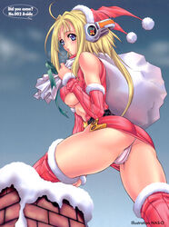 blonde_hair blue_eyes breasts chimney christmas copyright_request detached_sleeves hat headphones highres long_hair nas-o panties pointy_chin santa_hat snow thighhighs underboob underwear upskirt