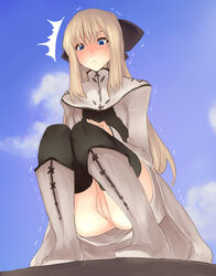 anus ass blonde_hair blue_eyes blush boots bow clothing cloud cyril cyrille from_below goban long_hair looking_down no_panties pointy_chin pussy shining_(series) shining_force shining_force_exa sky squat squatting stockings surprised thighhighs trembling uncensored