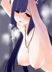 1girls arms_up breasts cross cum cum_in_mouth dark_blue_hair empty_eyes facial female hanging_breasts kannagi large_breasts long_hair nipples red_eyes zange