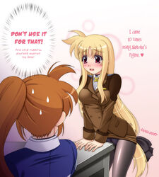 blush brown_hair caught clothed_masturbation clothing crotch_rub desk embarrassed faceless_female fate_testarossa long_hair low-tied_long_hair lyrical_nanoha mahou_shoujo_lyrical_nanoha mahou_shoujo_lyrical_nanoha_strikers masturbation narutaki_shin panties panties_under_pantyhose pantyhose pussy_juice sweat table_humping takamachi_nanoha underwear