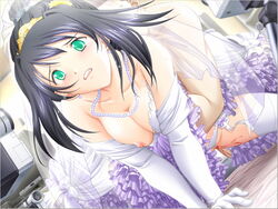 all_fours black_hair blonde_hair blood breast_slip breasts bridal_veil bride camcorder clothing detached_sleeves doggy_style dress earrings elbow_gloves game_cg gloves green_eyes jewelry kyouhaku_2 necklace nipple_slip nipples one_breast_out pearl_necklace photoshop ribahara_aki sex tears thighhighs vaginal_blood veil virgin virginal_blood wedding_dress