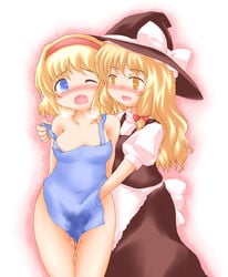 alice_margatroid apron blonde_hair blush female human long_hair marisa_kirisame multiple_girls nude saliva sekiri short_hair touhou wet yuri