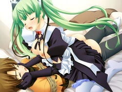 blush bondage bowtie breasts clothed_sex cowgirl_position elbow_gloves emupii_maid_promotion_master female_rapist femdom game_cg gloves green_hair homura_yukine maid male_rape_victim male_victim nipples panties panties_around_one_leg rape restrained tamahiyo tears thighhighs tied_hair tied_up twintails underwear white_legwear white_thighhighs