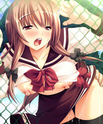 blush breasts brown_hair chainlink_fence fence from_behind game_cg hanyuu_ayuka highres kunai_uri nakadashi_oyako nipples open_mouth pussy_juice red_eyes ribbon ribbons school_uniform serafuku sex shirt_lift skirt sweat thighhighs